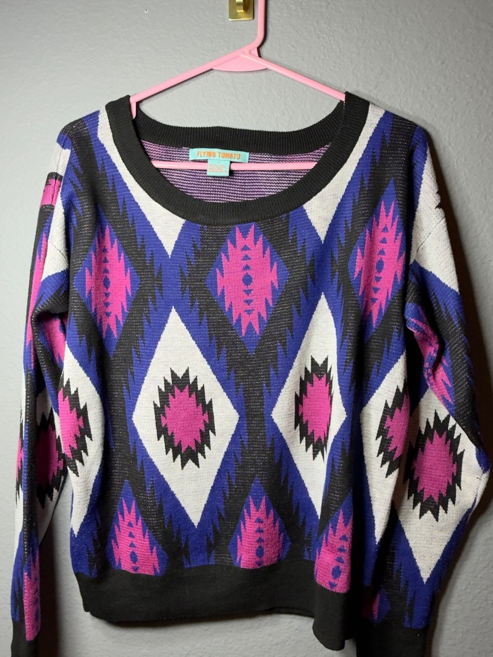 Flying Tomato Aztec Crewneck Sweater in Purple, Pink & Black